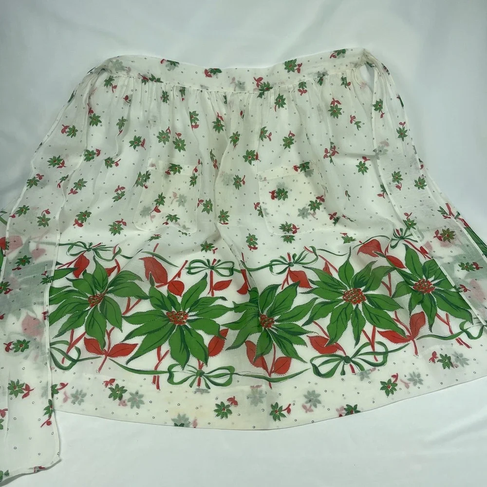 Vintage Christmas Half Apron Poinsettia Green Bow Print Two Pockets White Red